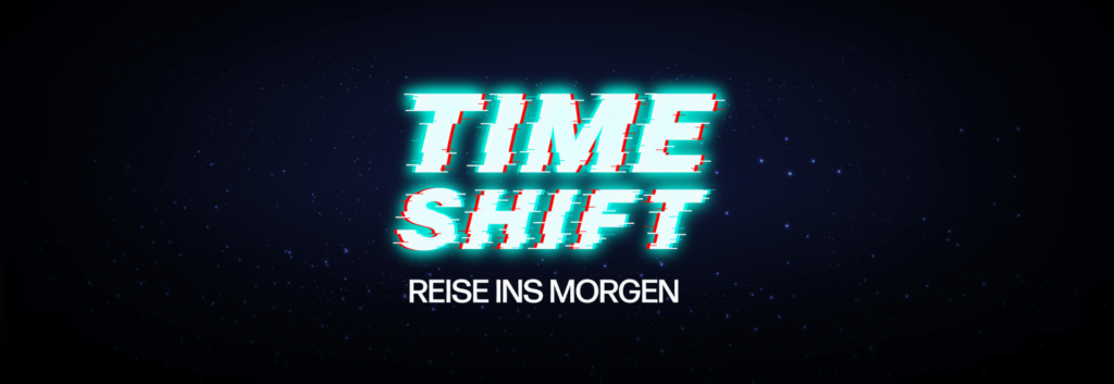 Das Bild zeigt den Text "TIME SHIFT" in einem großen, futuristischen Schriftstil, der durch einen visuellen Effekt so aussieht, als würde er flackern oder sich bewegen. Der Hintergrund ist dunkel mit leichten Sternen.