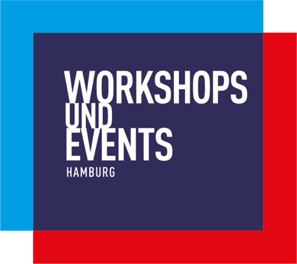 Logo bestehend aus einer blauen und einer roten Kachel. In der Mitte steht: Workshops und Events Hamburg.