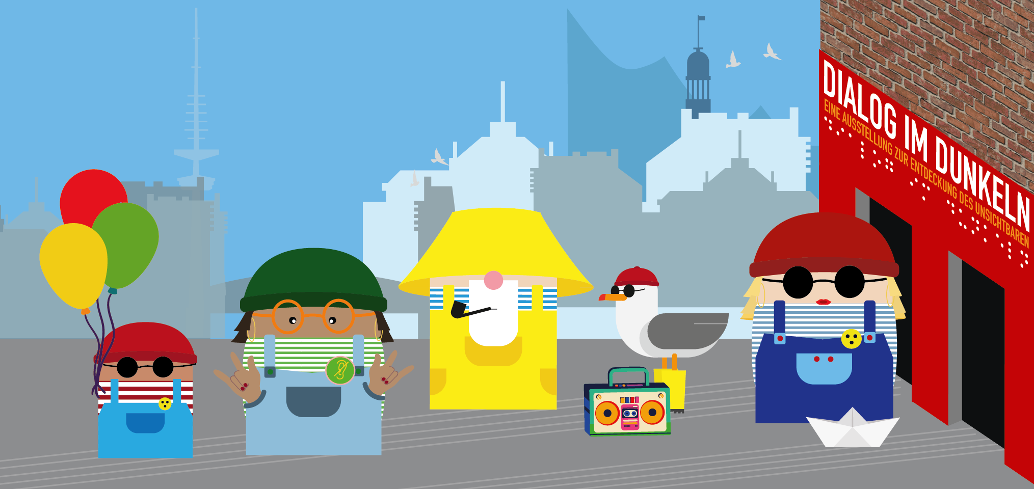 Illustration vor dem Dialoghaus Hamburg: Mehrere Figuren und eine Möwe stehen vor dem roten Eingang von „Dialog im Dunkeln“. Im Hintergrund sind die Hamburger Speicherstadt, ein Boot, Luftballons und ein Kassettenrekorder zu sehen. Die Szene wirkt bunt, spielerisch und familienfreundlich.