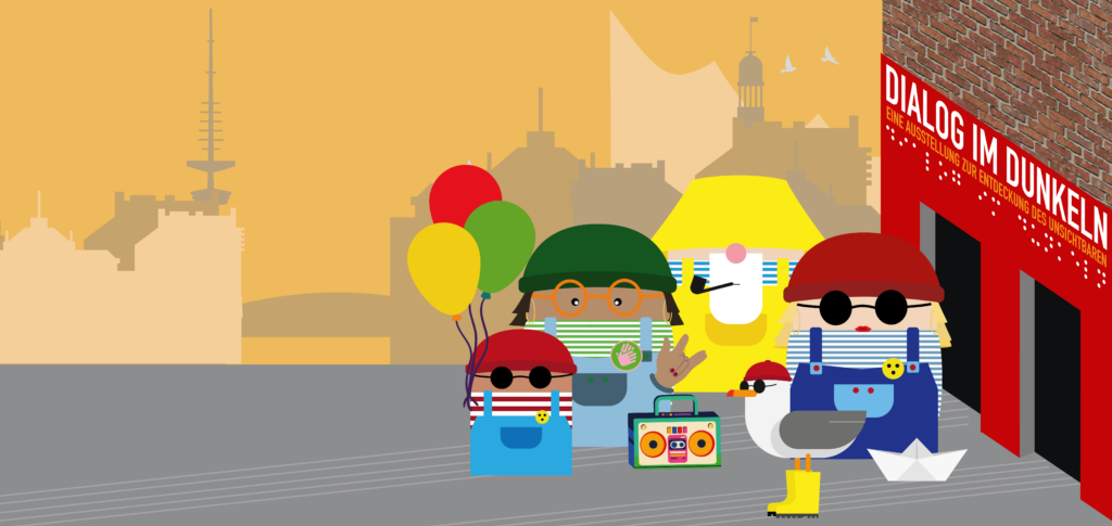 Illustration vor Hamburger Stadtkulisse: Eine Gruppe bunt gestalteter Figuren mit Sonnenbrillen, Luftballons, Radio und Papierboot steht vor dem roten Eingang von „Dialog im Dunkeln“. Im Hintergrund sind bekannte Hamburger Silhouetten und Möwen zu sehen.