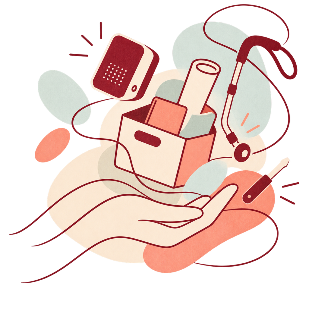Illustration einer offenen Hand mit verschiedenen Sachspenden und Hilfsmitteln.