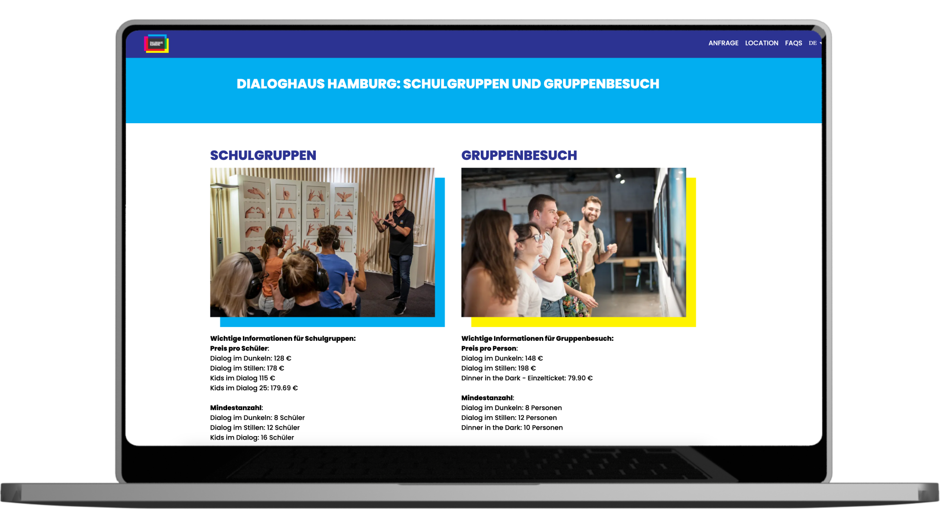 Die geöffnete Website für Gruppenbuchungen im Dialoghaus auf einem Laptop.